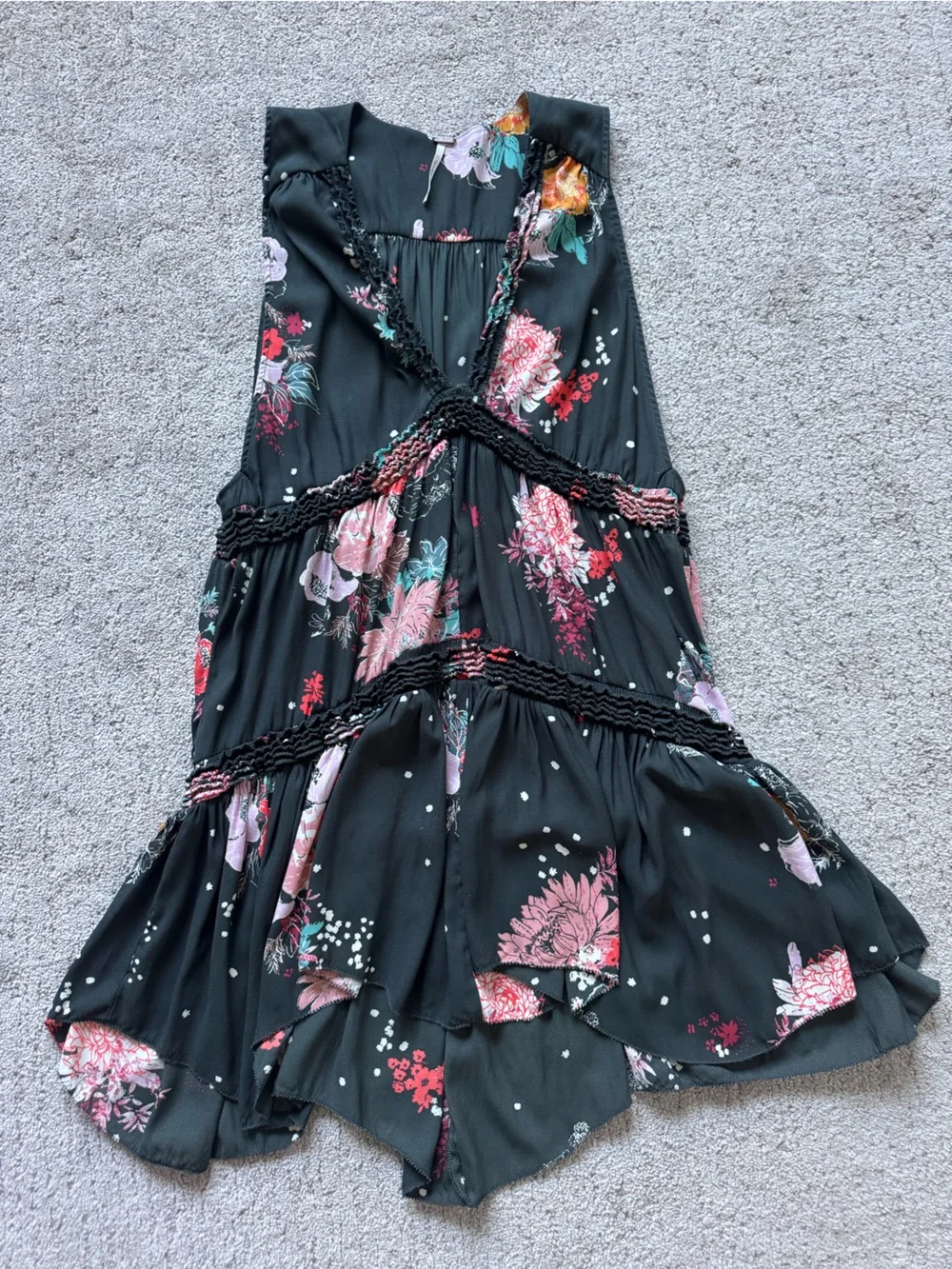 Free People Floral Tunic Dress Small Black Boho Tiered Mini Babydoll Sleeveless